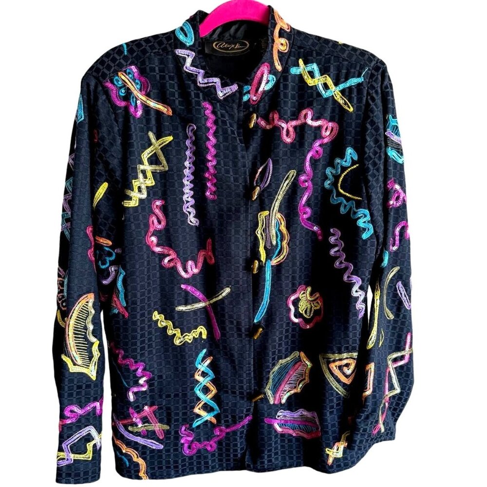 Alex Ku Colorful Black Geometric Embroidered Sequins Womens Jacket L Blazer